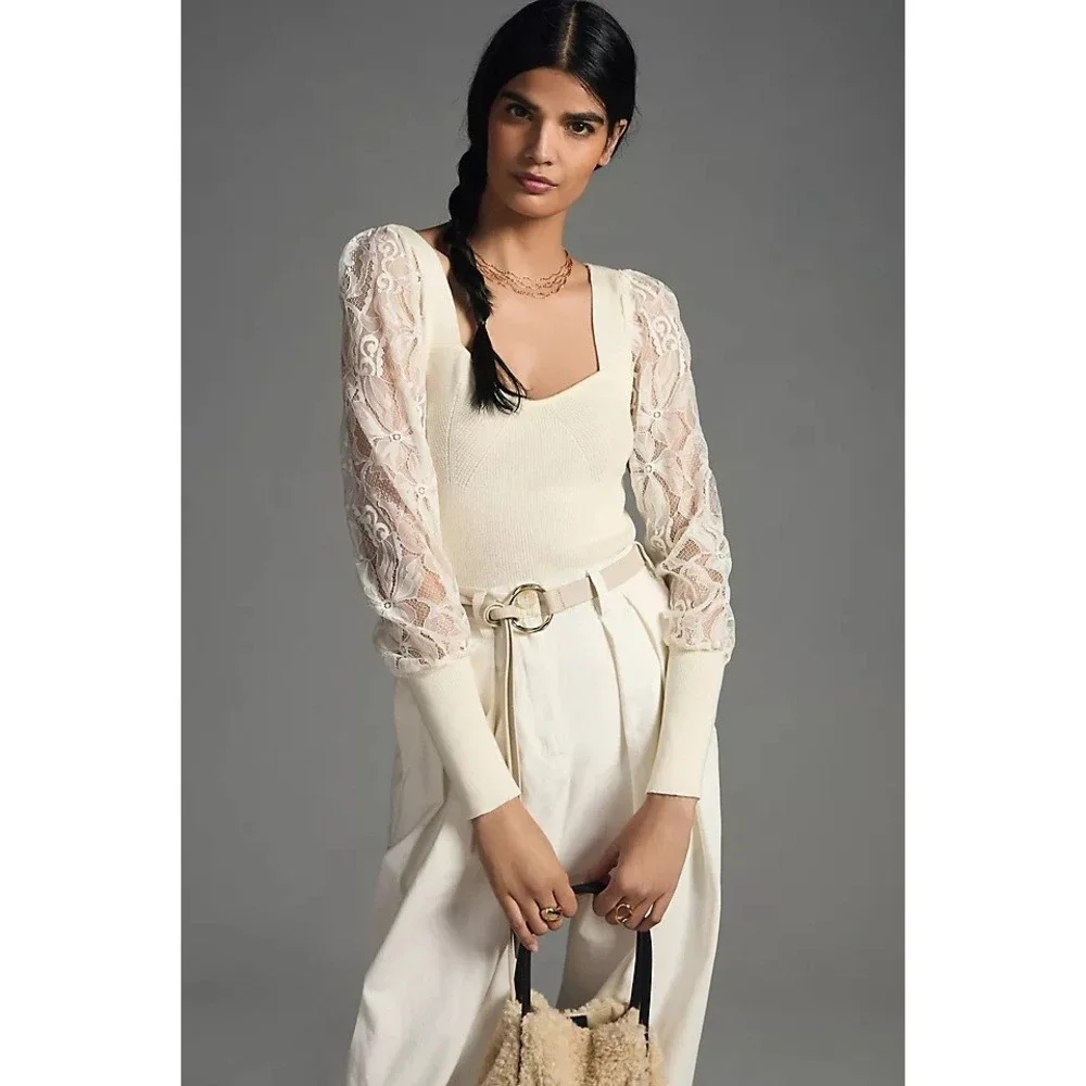 Anthropologie Sweater Sweetheart Lace Sleeve Romantic Coquette Ivory M